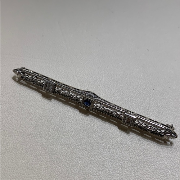 Edwardian Art Deco Antique 14K White Gold Bar Pin with Sapphire and Diamonds - Picture 2 of 7